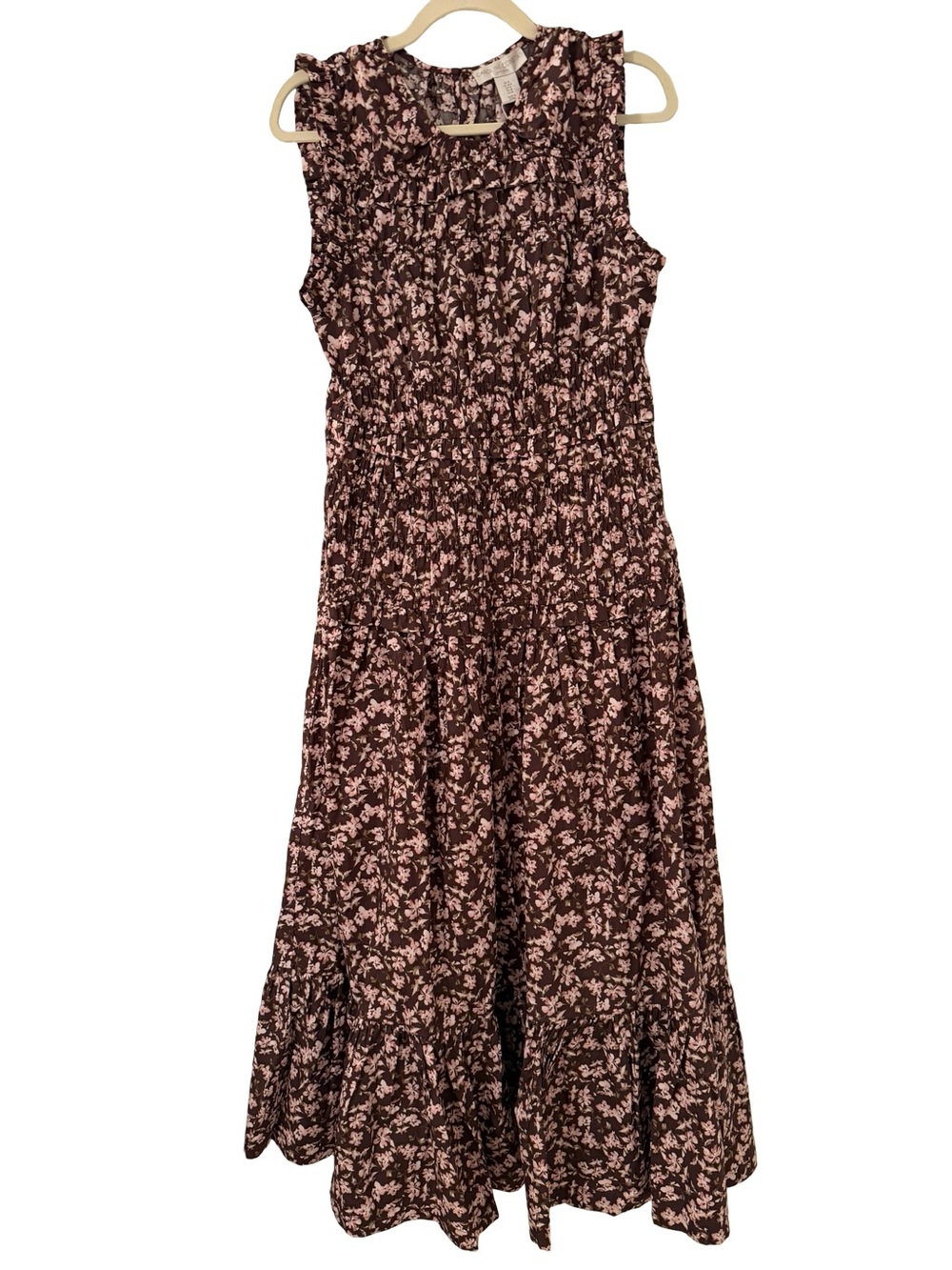 Caroline Constas Floral Ruffle Smocked Maxi Dress Brown Pink NWT - Picture 3 of 10
